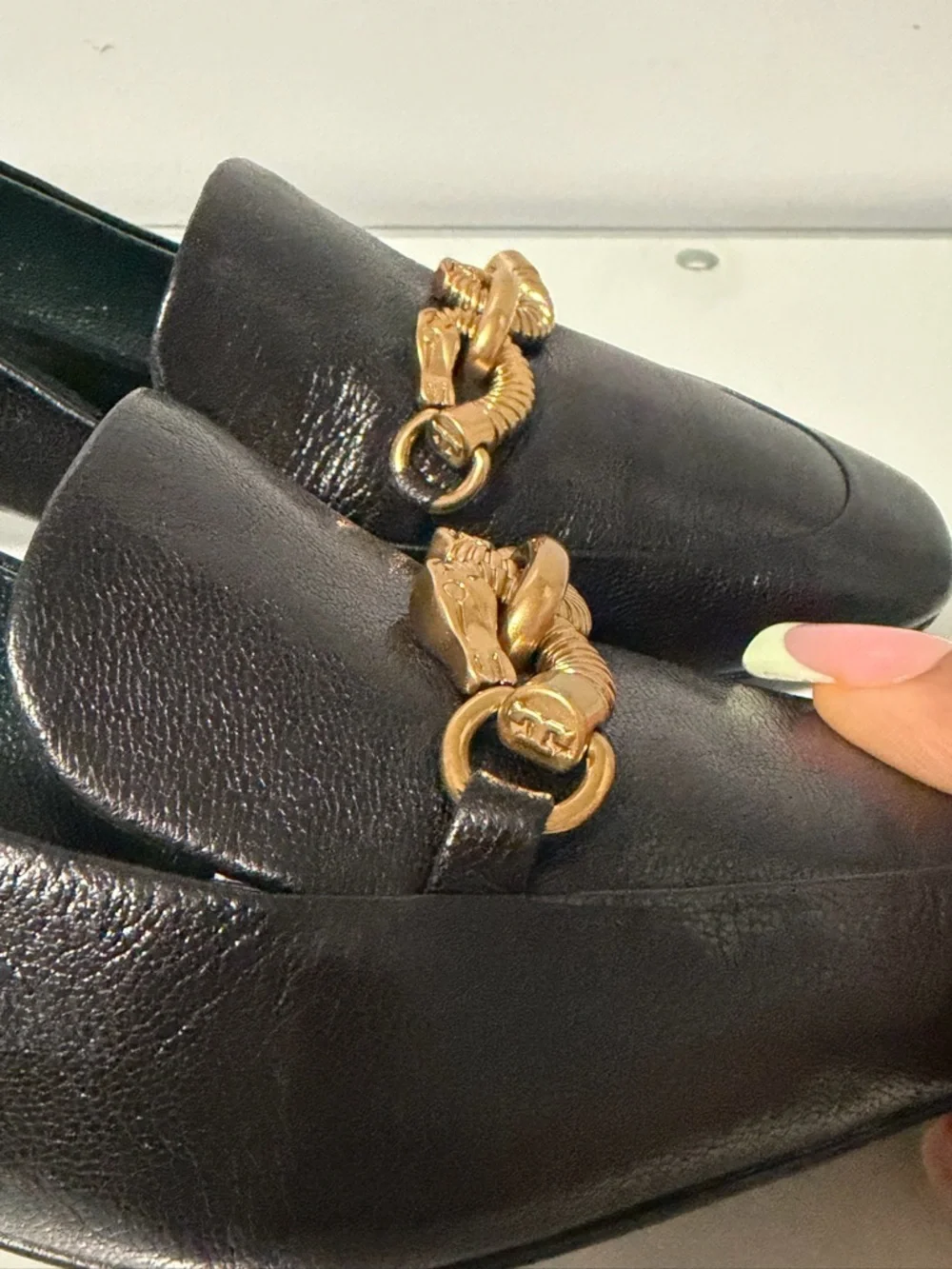 Tory Burch Jessa Loafers Black Leather Block Heel Loafers with Gold Chain Accent